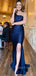 Navy Blue Satin Mermaid One Shoulder Side Slit Long Evening Prom Dresses, GR0231