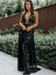 Black Lace A-line Deep V-neck Formal Long Evening Prom Dresses, GR0232