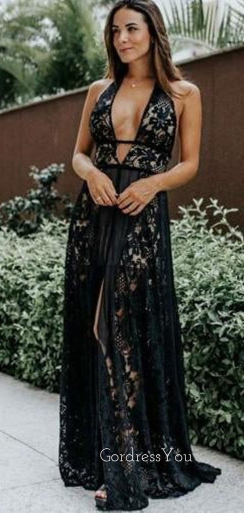 Black Lace A-line Deep V-neck Formal Long Evening Prom Dresses, GR0232