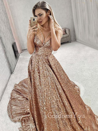 A-line Gold Sequins V-neck Spaghetti Straps Long Evening Prom Dresses, GR0233