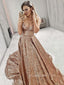 A-line Gold Sequins V-neck Spaghetti Straps Long Evening Prom Dresses, GR0233