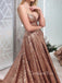 A-line Gold Sequins V-neck Spaghetti Straps Long Evening Prom Dresses, GR0233