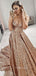 A-line Gold Sequins V-neck Spaghetti Straps Long Evening Prom Dresses, GR0233