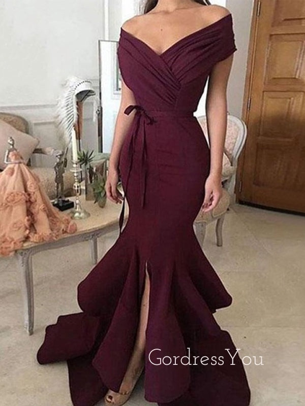 Off Shoulder Burgundy Mermaid Side Slit Long Evening Prom Dresses, GR0234