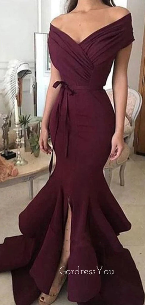 Off Shoulder Burgundy Mermaid Side Slit Long Evening Prom Dresses, GR0234