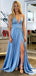 Deep V-neck Blue Satin A-line Side Slit Long Evening Prom Dresses, GR0236