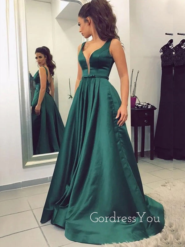 A-line Emerald Green Satin V-neck Long Evening Prom Dresses, GR0238