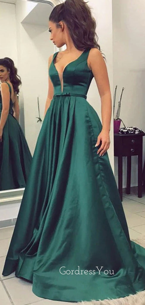 A-line Emerald Green Satin V-neck Long Evening Prom Dresses, GR0238