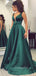 A-line Emerald Green Satin V-neck Long Evening Prom Dresses, GR0238