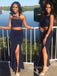 Two Pieces Navy Blue Mermaid Halter Long Evening Prom Dresses, GR0240