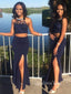 Two Pieces Navy Blue Mermaid Halter Long Evening Prom Dresses, GR0240