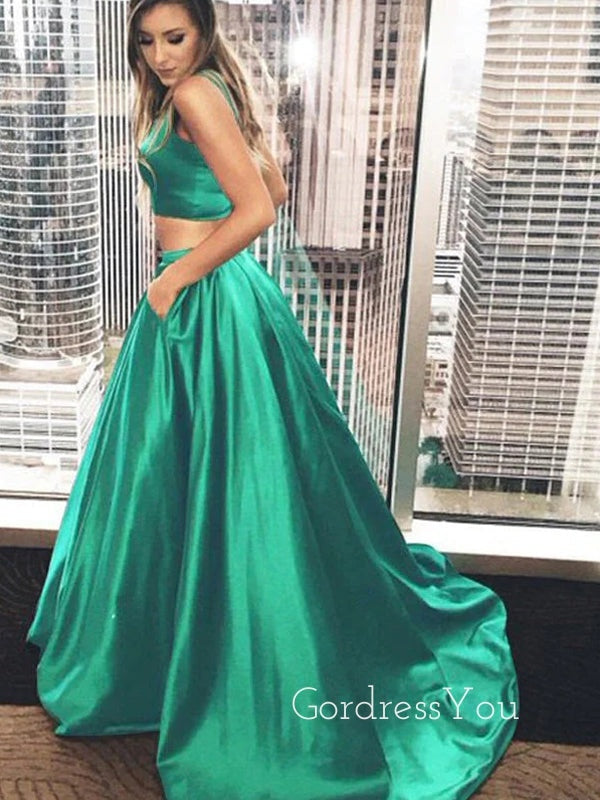 Two Pieces Green Satin A-line Long Evening Prom Dresses, GR0241