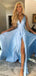 Blue Satin A-line Side Slit Long Evening Prom Dresses, V-neck Prom Dress, GR0243