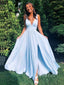 Popular Blue A-line V-neck Long Evening Prom Dresses, Side Slit Prom Dress, GR0244