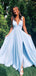 Popular Blue A-line V-neck Long Evening Prom Dresses, Side Slit Prom Dress, GR0244