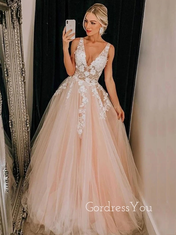 V-neck Pink Tulle Appliques Long Evening Prom Dresses, A-line Prom Dress, GR0245