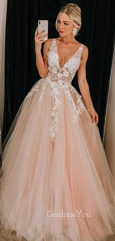 V-neck Pink Tulle Appliques Long Evening Prom Dresses, A-line Prom Dress, GR0245