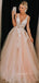 V-neck Pink Tulle Appliques Long Evening Prom Dresses, A-line Prom Dress, GR0245