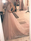 Formal Pink Tulle A-line Long Evening Prom Dresses, Deep V-neck Prom Dress, GR0246