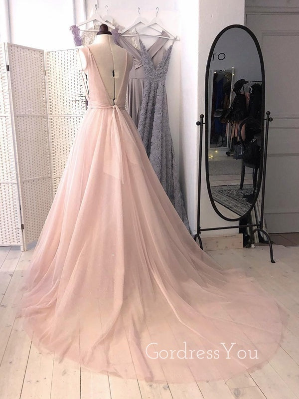 Formal Pink Tulle A-line Long Evening Prom Dresses, Deep V-neck Prom Dress, GR0246