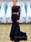 Long Sleeves Black Satin Appliques Mermaid Long Evening Prom Dresses, GR0247