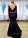 Long Sleeves Black Satin Appliques Mermaid Long Evening Prom Dresses, GR0247