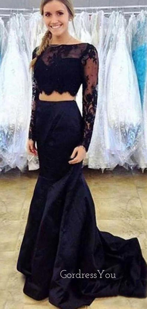 Long Sleeves Black Satin Appliques Mermaid Long Evening Prom Dresses, GR0247