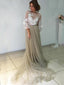 Long Sleeves A-line Tulle Appliques Long Evening Prom Dresses, See Through Prom Dress, GR0248