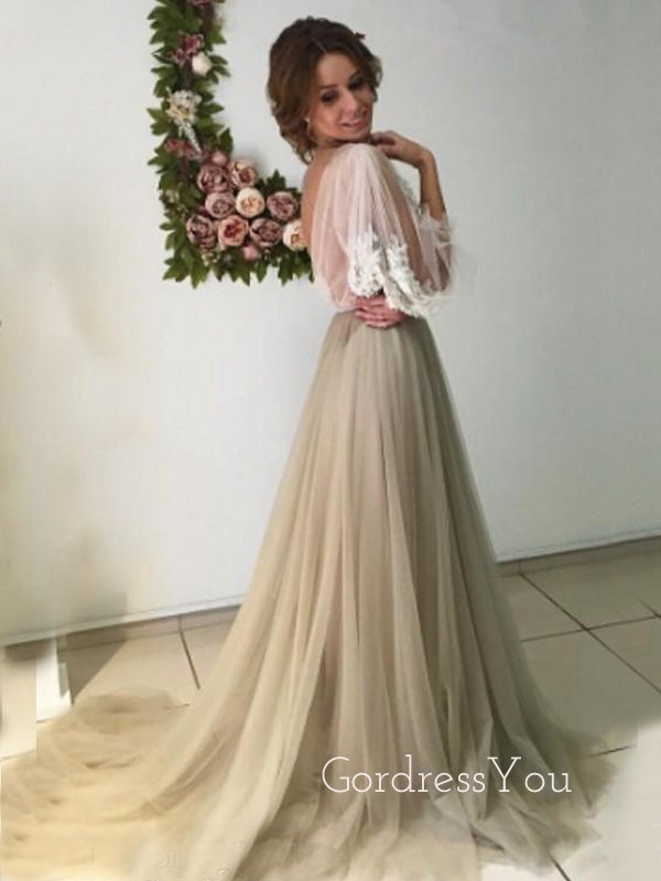 Long Sleeves A-line Tulle Appliques Long Evening Prom Dresses, See Through Prom Dress, GR0248