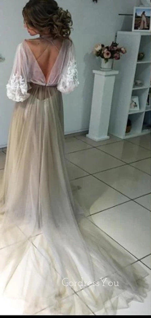 Long Sleeves A-line Tulle Appliques Long Evening Prom Dresses, See Through Prom Dress, GR0248