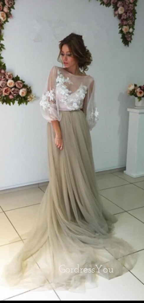 Long Sleeves A-line Tulle Appliques Long Evening Prom Dresses, See Through Prom Dress, GR0248