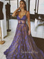 Spaghetti Straps Tulle Appliques V-necl Long Evening Prom Dresses, A-line Prom Dress, GR0249