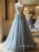 V-neck Dusty Tulle Appliques A-line Long Evening Prom Dresses, GR0250