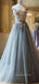 V-neck Dusty Tulle Appliques A-line Long Evening Prom Dresses, GR0250