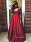 Deep V-neck Burgundy Satin Appliques A-line Long Evening Prom Dresses, Long Sleeves Prom Dress, GR0251