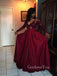 Deep V-neck Burgundy Satin Appliques A-line Long Evening Prom Dresses, Long Sleeves Prom Dress, GR0251