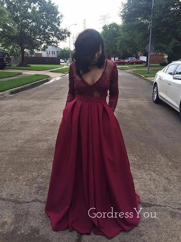 Deep V-neck Burgundy Satin Appliques A-line Long Evening Prom Dresses, Long Sleeves Prom Dress, GR0251