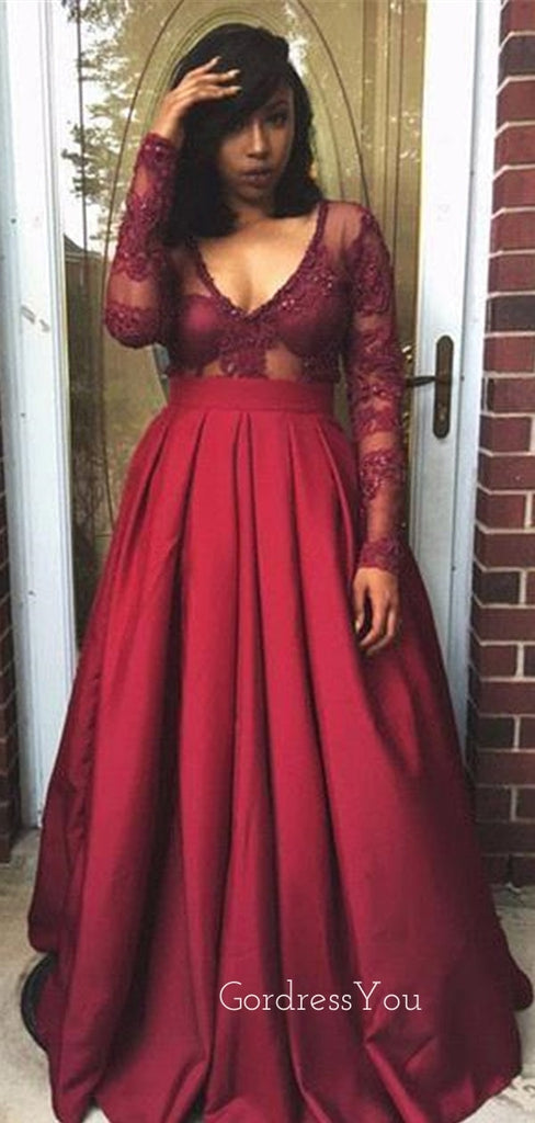 Deep V-neck Burgundy Satin Appliques A-line Long Evening Prom Dresses, Long Sleeves Prom Dress, GR0251