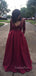 Deep V-neck Burgundy Satin Appliques A-line Long Evening Prom Dresses, Long Sleeves Prom Dress, GR0251