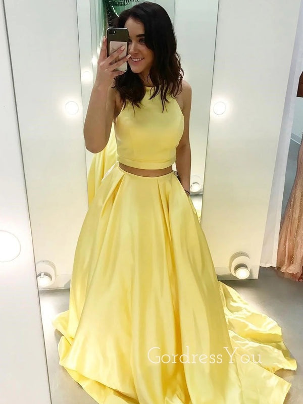 Yellow Satin A-line Two Pieces Long Evening Prom Dresses, GR0252