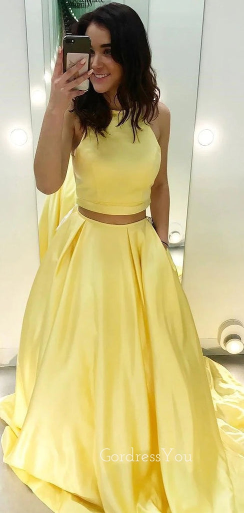 Yellow Satin A-line Two Pieces Long Evening Prom Dresses, GR0252