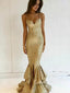 Gold Sequins Mermaid Spaghetti Straps Long Evening Prom Dresses, GR0254