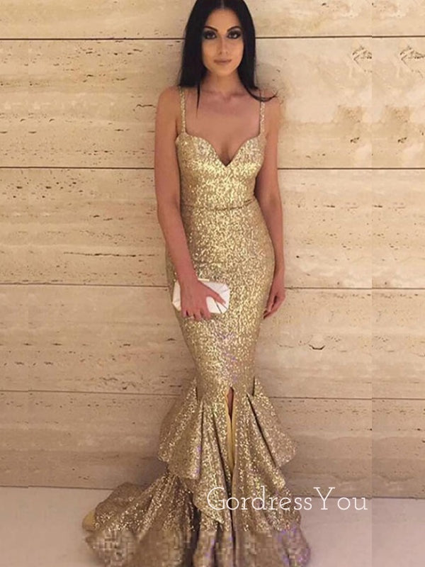 Gold Sequins Mermaid Spaghetti Straps Long Evening Prom Dresses, GR0254