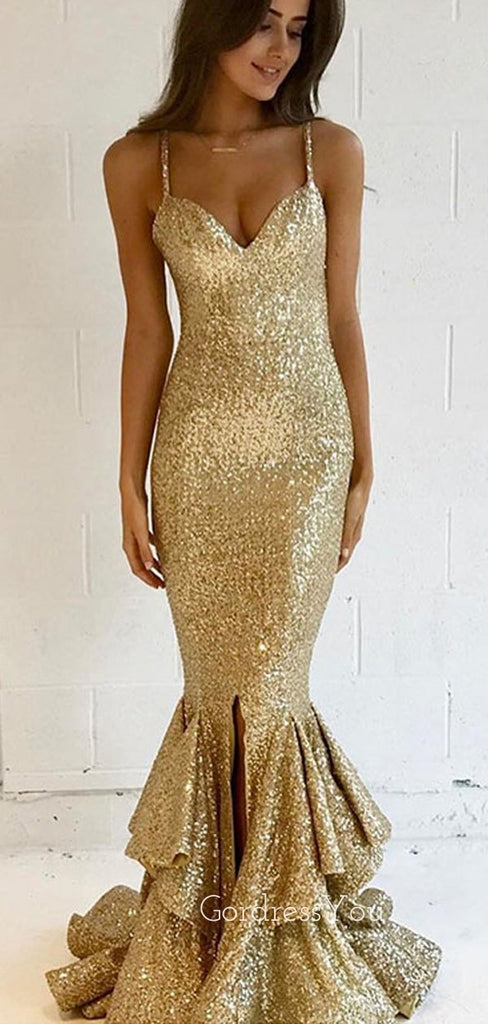 Gold Sequins Mermaid Spaghetti Straps Long Evening Prom Dresses, GR0254