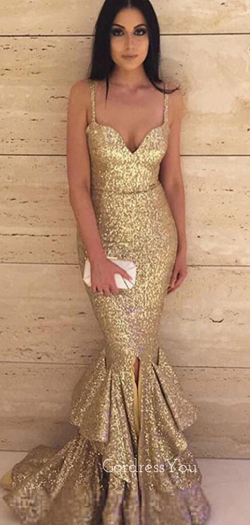 Gold Sequins Mermaid Spaghetti Straps Long Evening Prom Dresses, GR0254