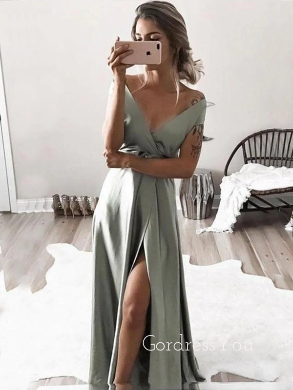 Deep V-neck Satin High Slit Long Evening Prom Dresses, A-line Prom Dress, GR0255