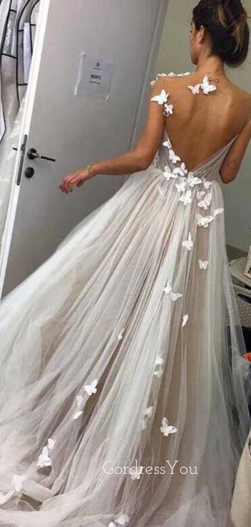 A-line Tulle V-back Long Evening Prom Dresses, Gorgeous Wedding Dress, GR0256