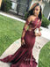 Mermaid Long Sleeves Burgundy Appliques Long Evening Prom Dresses, GR0257