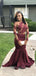 Mermaid Long Sleeves Burgundy Appliques Long Evening Prom Dresses, GR0257