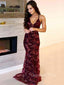 Sparkly Burgundy Tulle Appliques Long Evening Prom Dresses, Mermaid Spaghetti Straps Prom Dress, GR0259